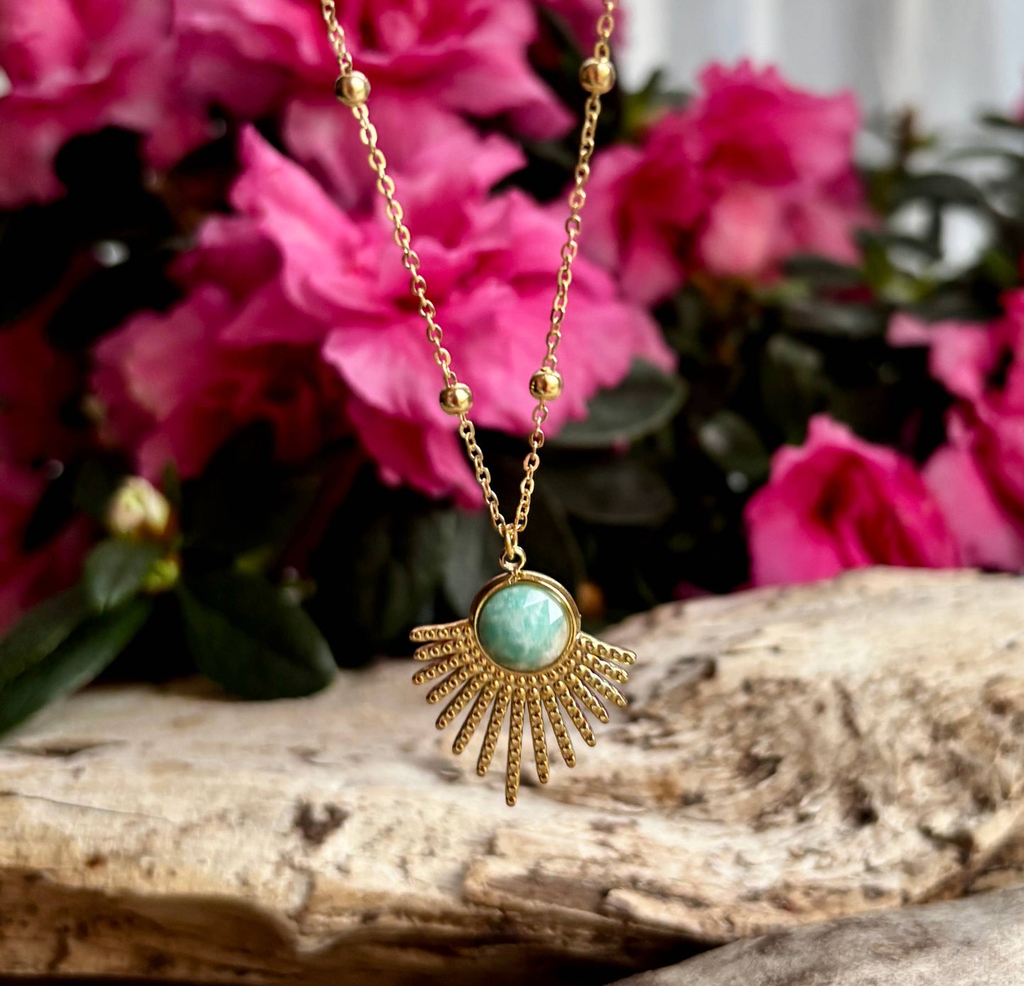 18ct Gold Plated Amazonite Feather Pendant Necklace
