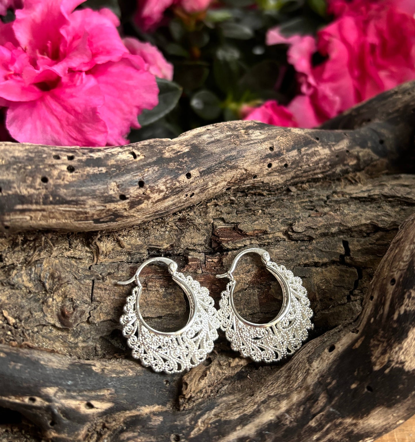Ocean Ripples Silver Lace Hoop Earrings