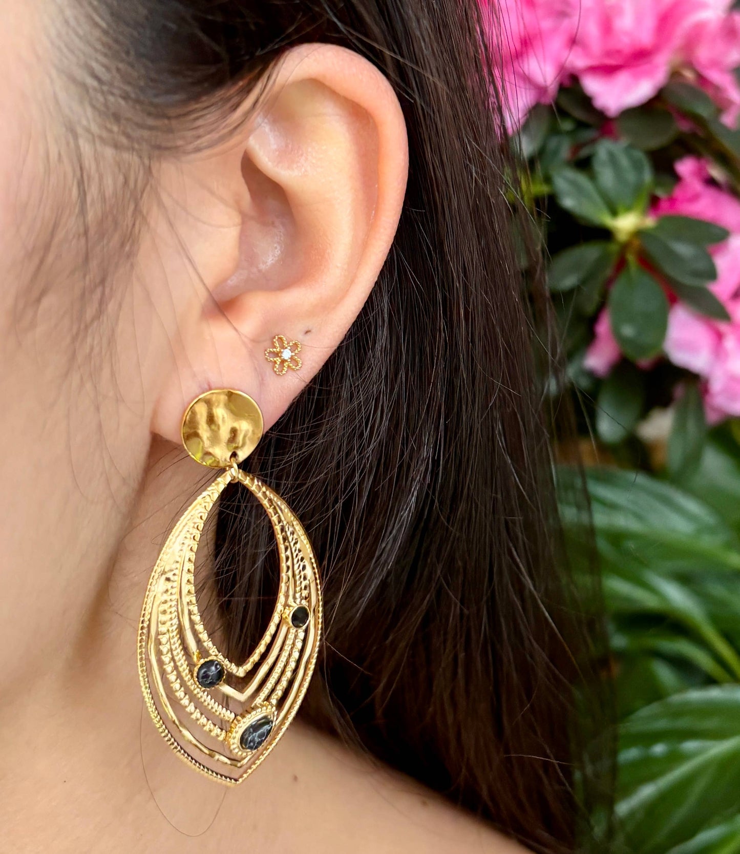 Ocean Ripples 18ct Gold Plated Black Turquoise Leaf Earrings - Default Title