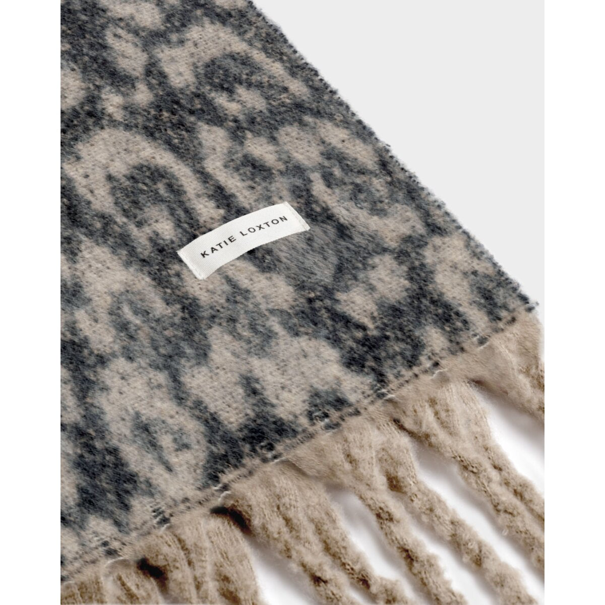 Katie Loxton Recycled Tassel Scarf in Taupe and Chocolate Animal Print