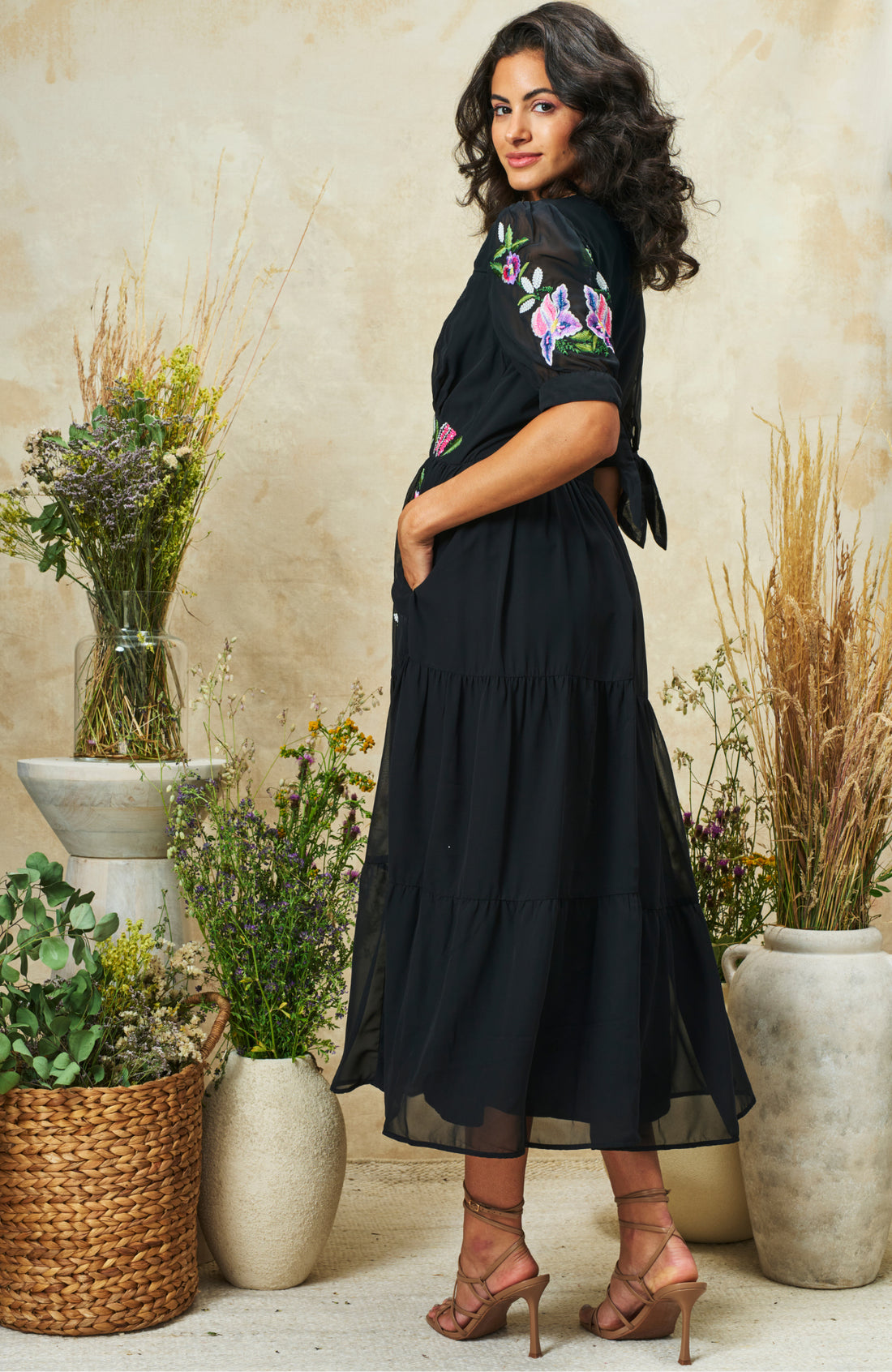 Hope & Ivy April Black Embroidered V-Neck Midi Dress with tie sleeves