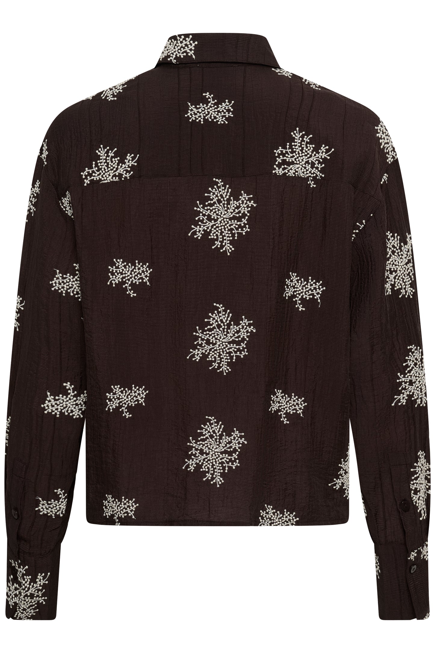 Soaked in Luxury Azalea Shirt in Ganache deep plum purple with cream botanical print and textured fabric