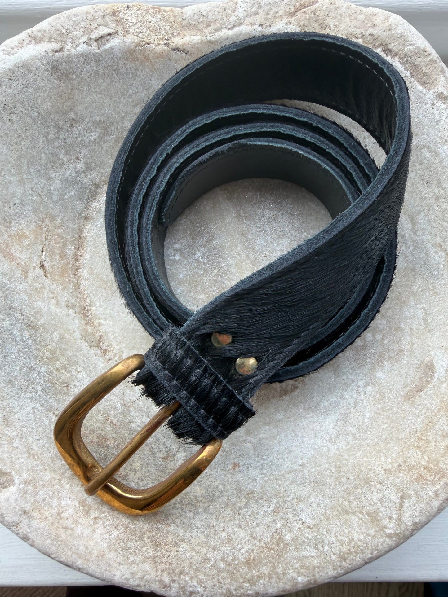 Black FUr Leather Belt with gold buckle
