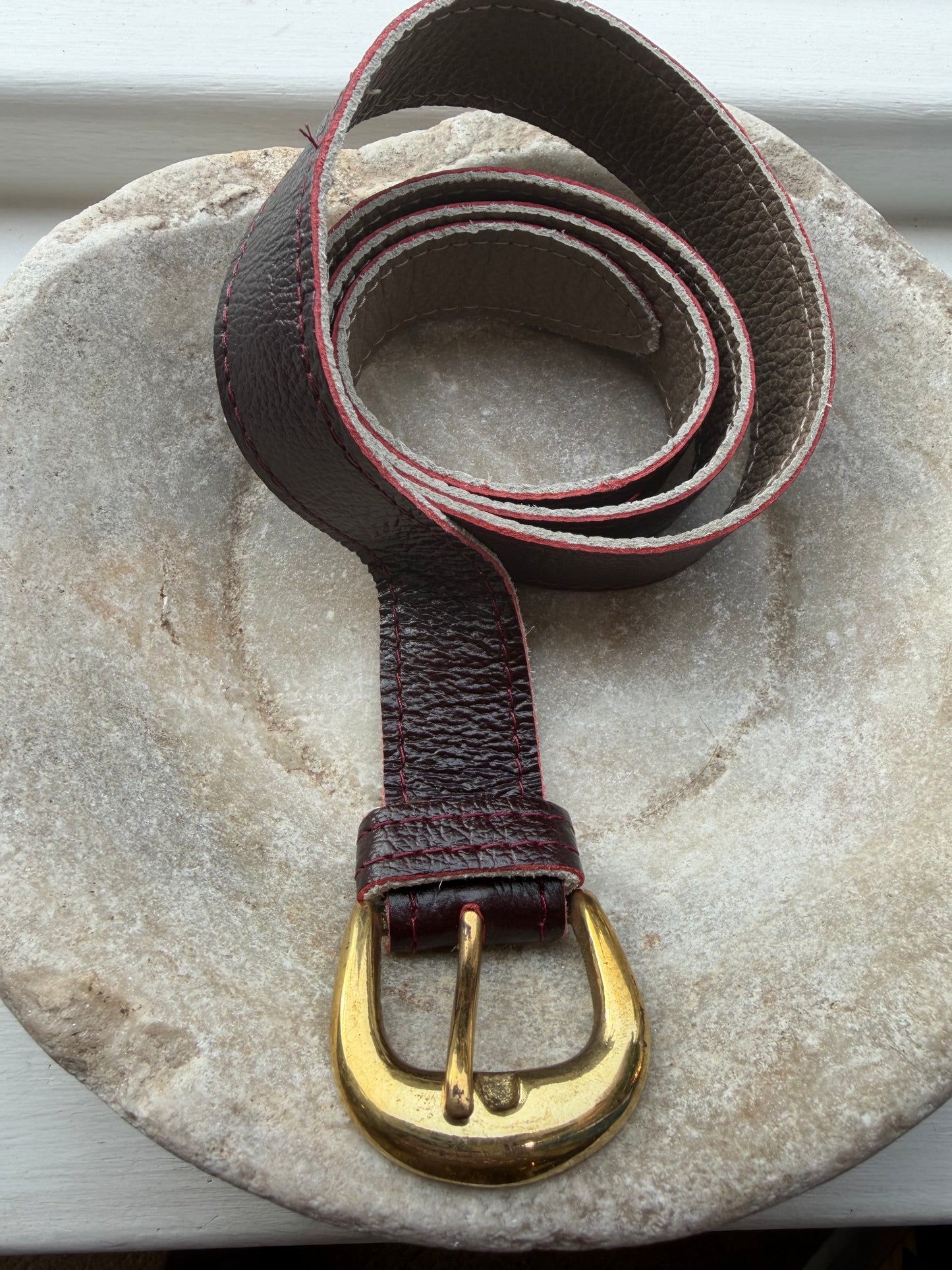Burgundy Leather Belt witha gold buckle