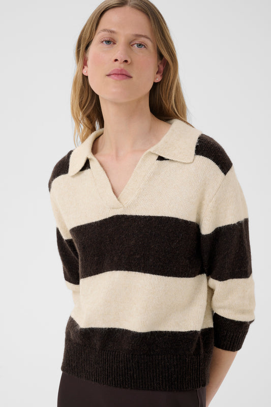 Part Two Charlott Pullover in Whitecap Grey and Mole with striped knit, relaxed collar and V-neckline