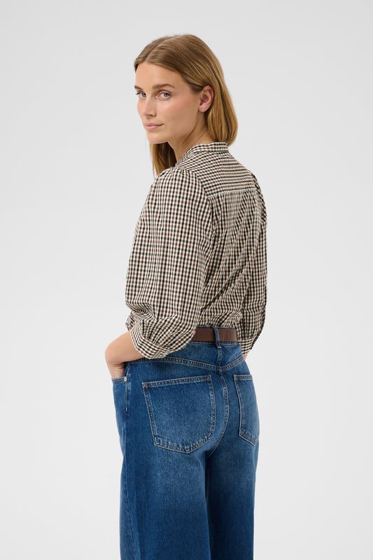 Part Two Chinette checkered shirt in downton brown check and blue jeans on a white background