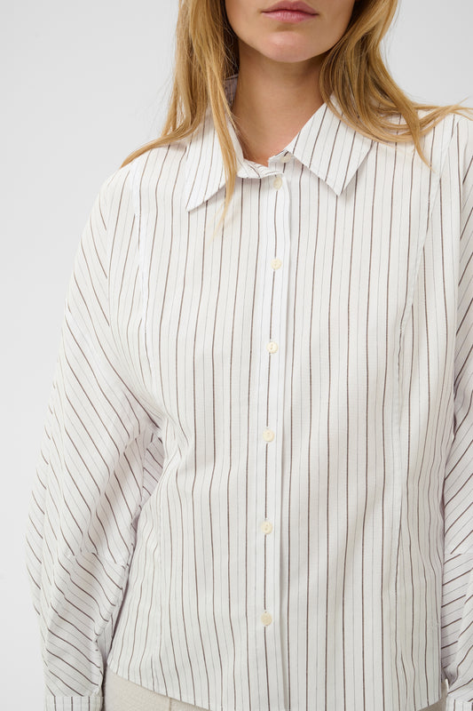 Soaked in Luxury Balloon sleeve white shirt with beige stripe