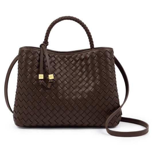 Katie Loxton Nova Brown woven handbag with a strap on a light gray background