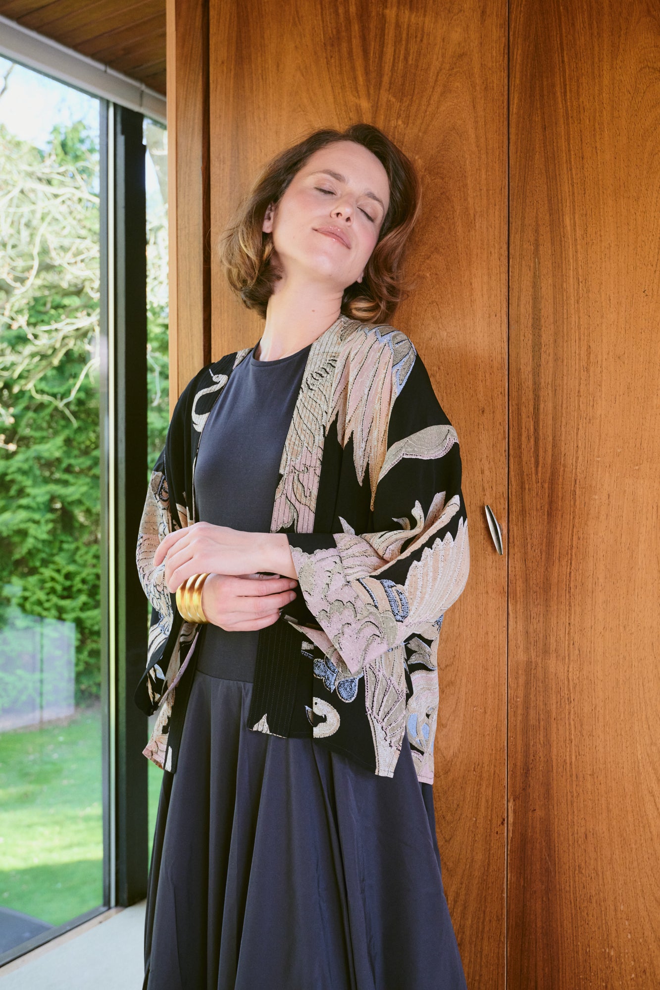 One Hundred Stars Crane Black Crepe Kimono