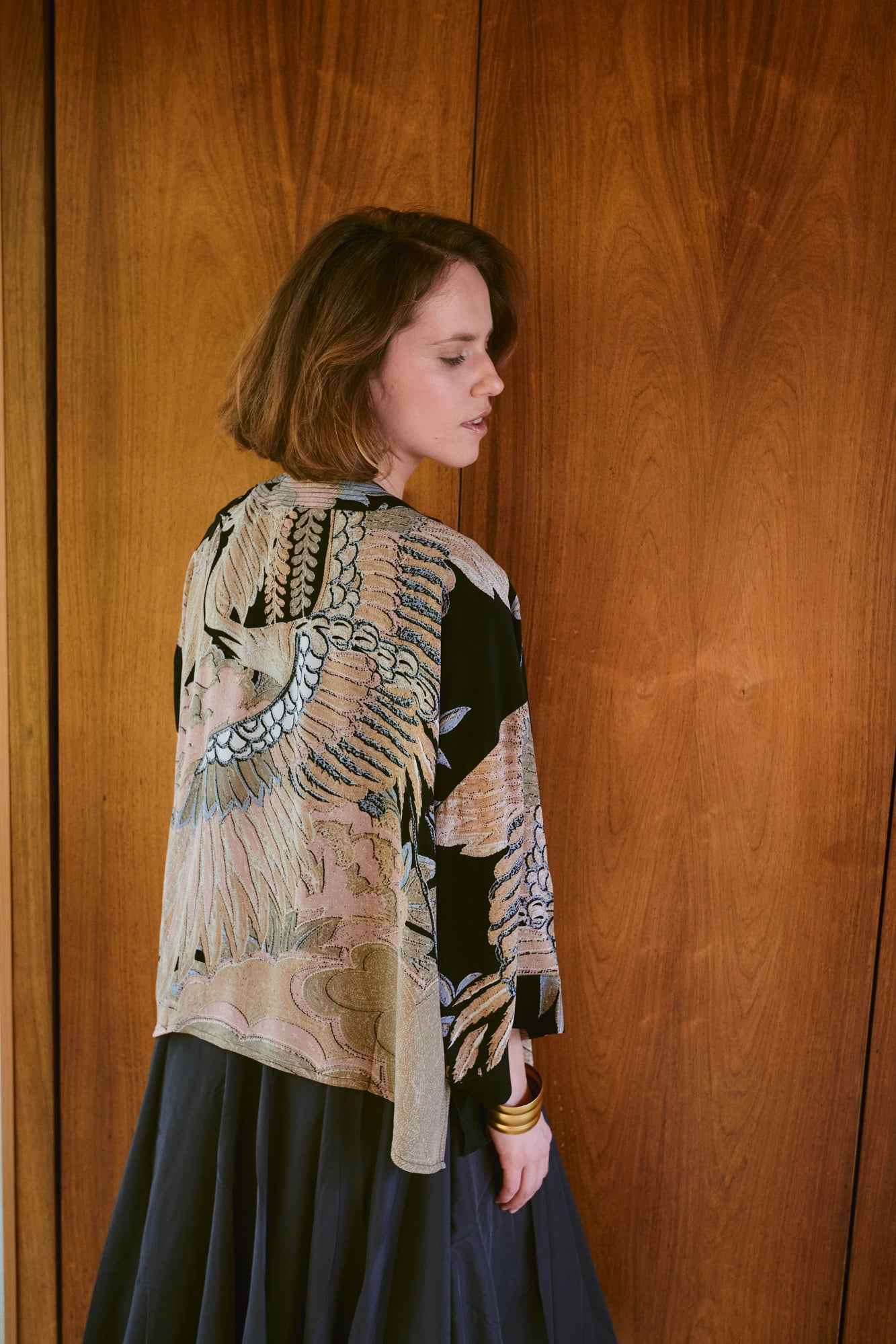 One Hundred Stars Crane Black Crepe Kimono