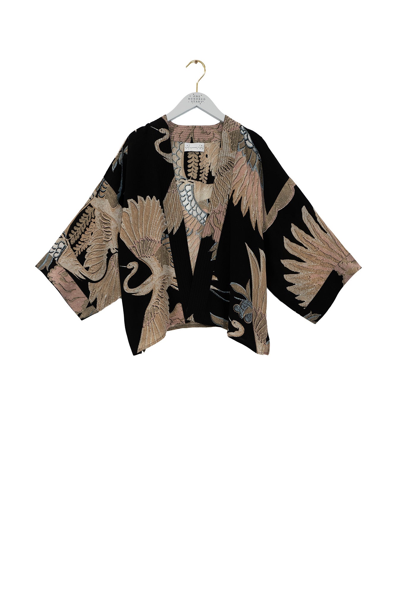 One Hundred Stars Crane Black Crepe Kimono