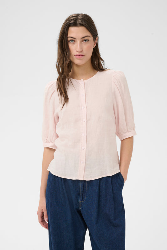 Part Two Azra 3/4 length sleeved linen blouse in mauve chalk colour