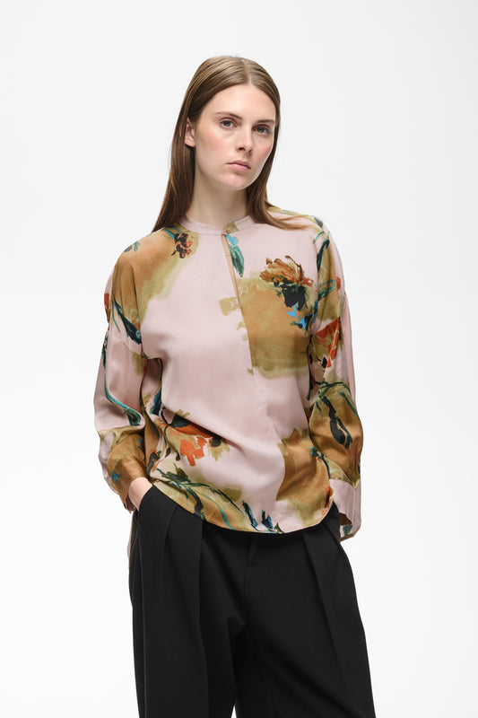 InWear Meadow Multi Print Pink Blouse with bold flowers and design in beige
