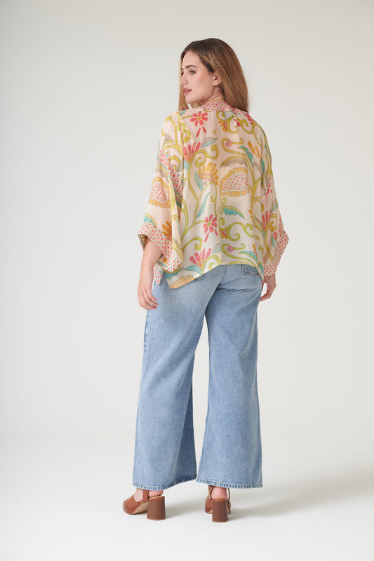 One Hundred Stars Giant Kantha Lime Kimono cream background lime print