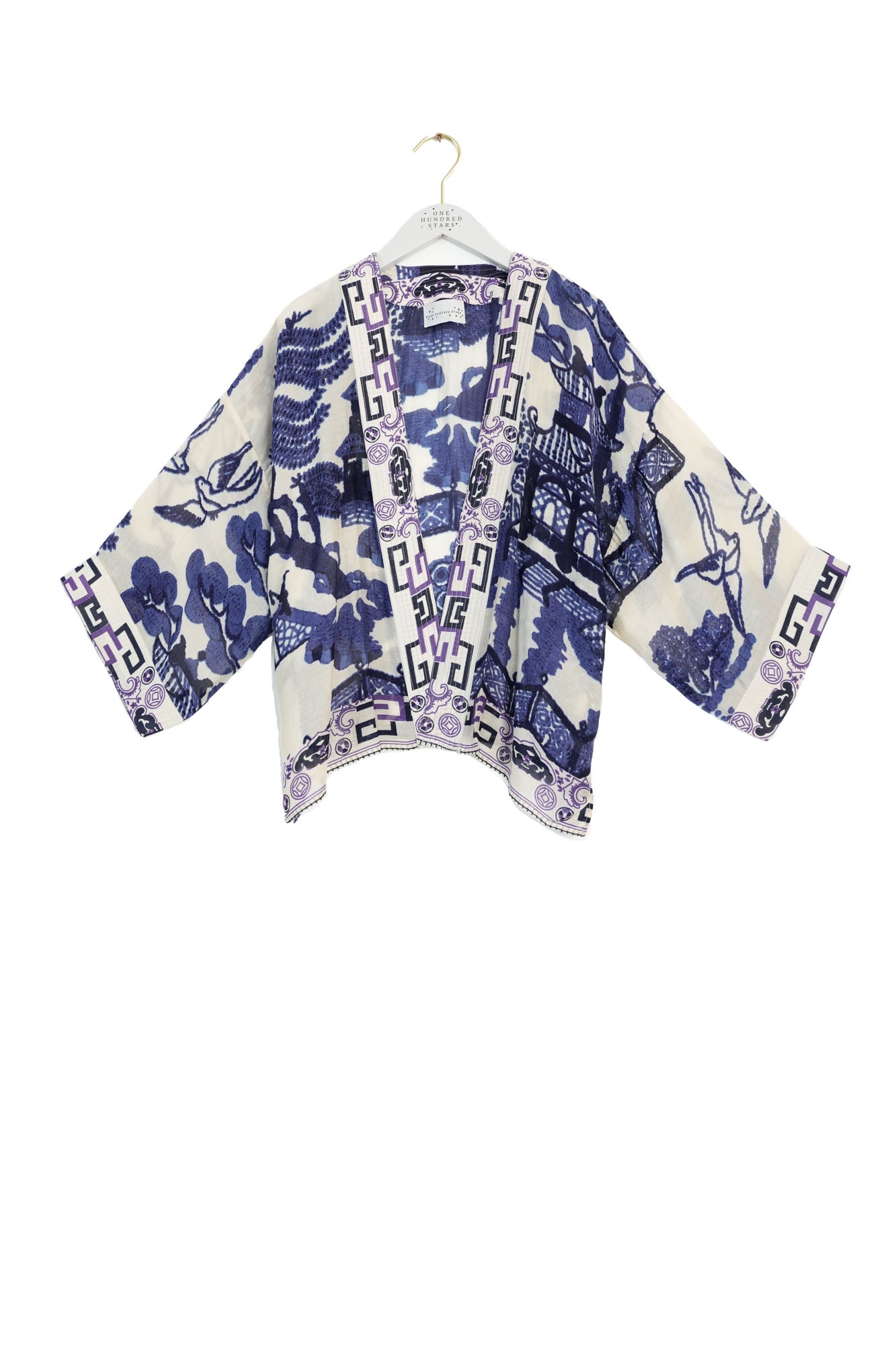 One Hundred Stars Giant Willow Blue Kimono featuring an elegant willow print in soft blue tones.
