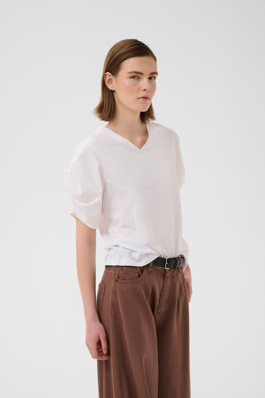 Inwear white v neck rouched sleeve gudrun tee