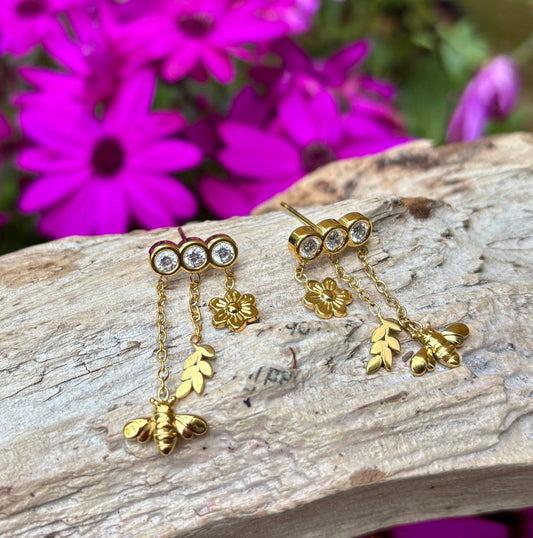 Ocean Ripples 18ct Gold Plated Cubic Zirconia Honeybee Charm Drop Earrings.