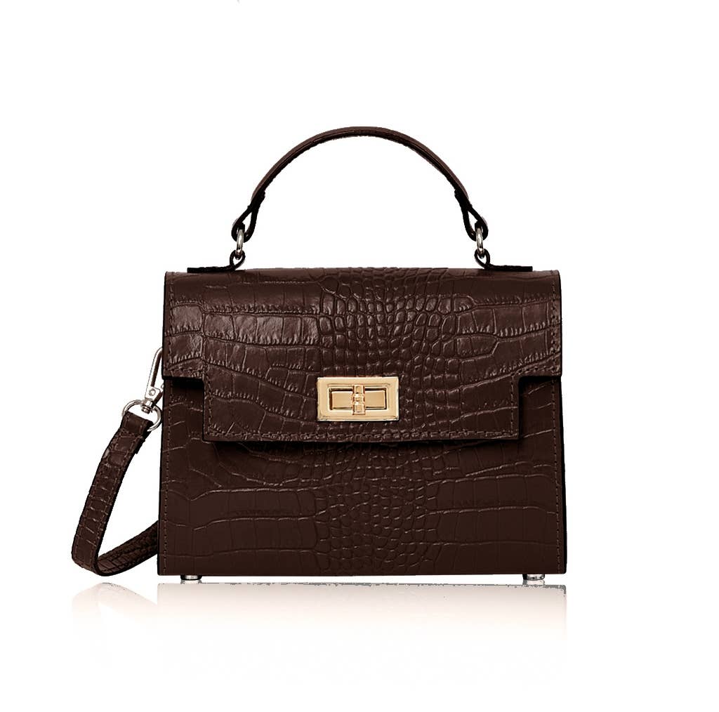 Italian croc-embossed leather crossbody bag in Dark Brown