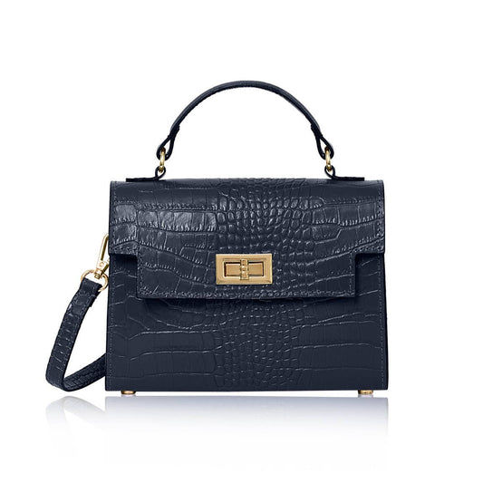Italian croc-embossed leather crossbody bag in Navy