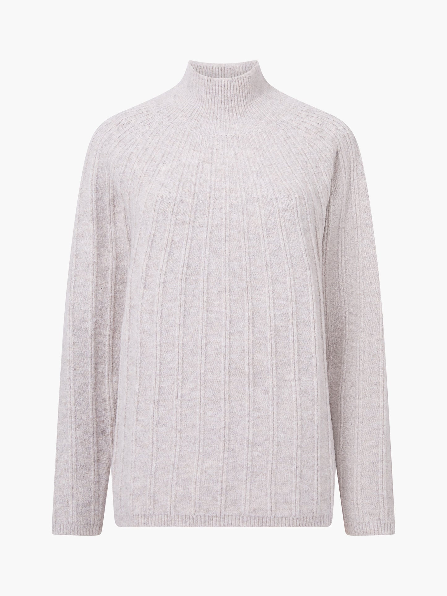 A ribbed light colour jumper with a mock neck. Long sleeves