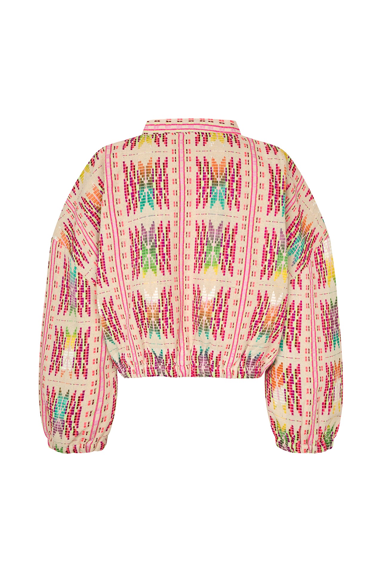 A colourful woven Lollys laundry jacket designed to brighten any wardrobe. Featuring an artistic pattern, snap-button fastening and comfortable elasticated details