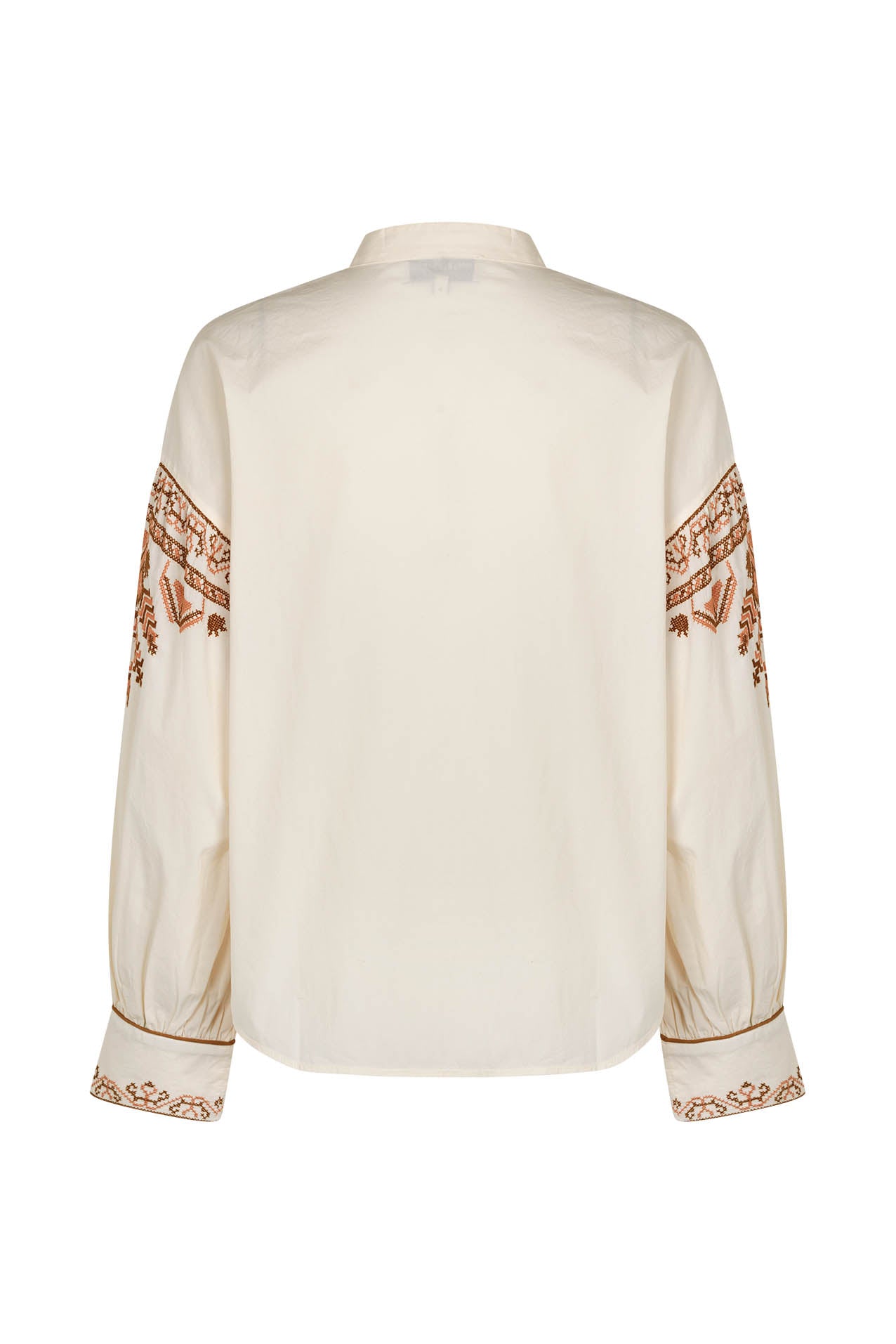 Lollys Laundry Lucia Shirt in Creme with intricate cinnamon-toned embroidery and concealed button fastening