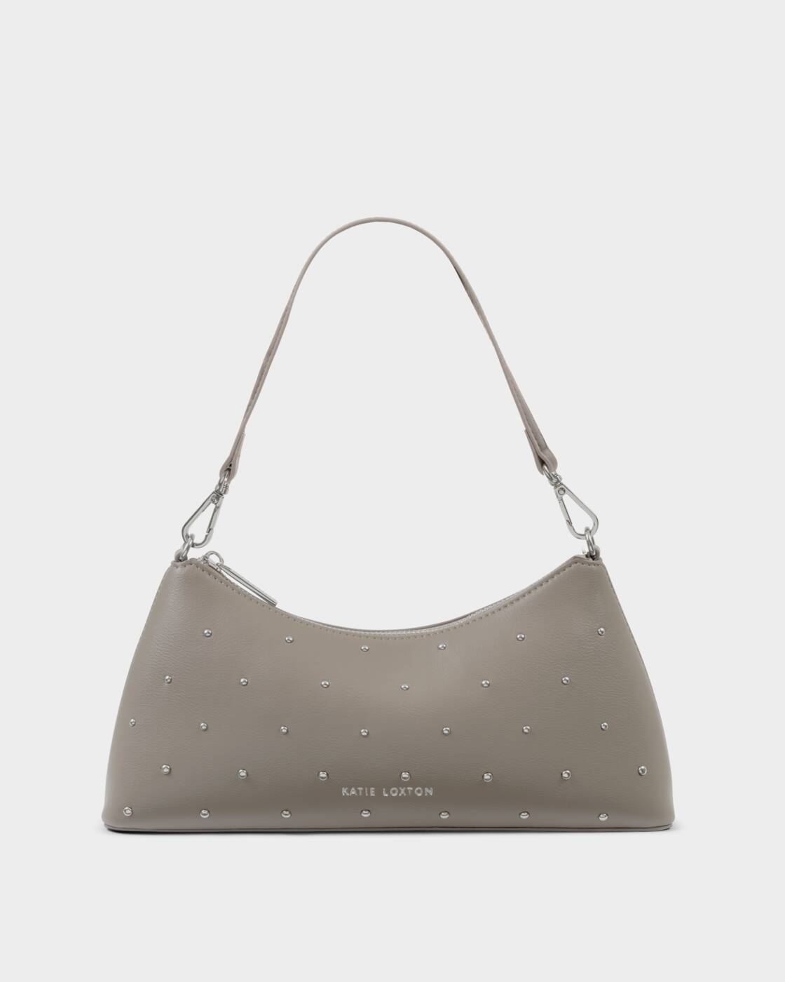 Katie Loxton Miley Small Shoulder Bag in Silver Mink Studded with a sleek silhouette and subtle stud detailing.