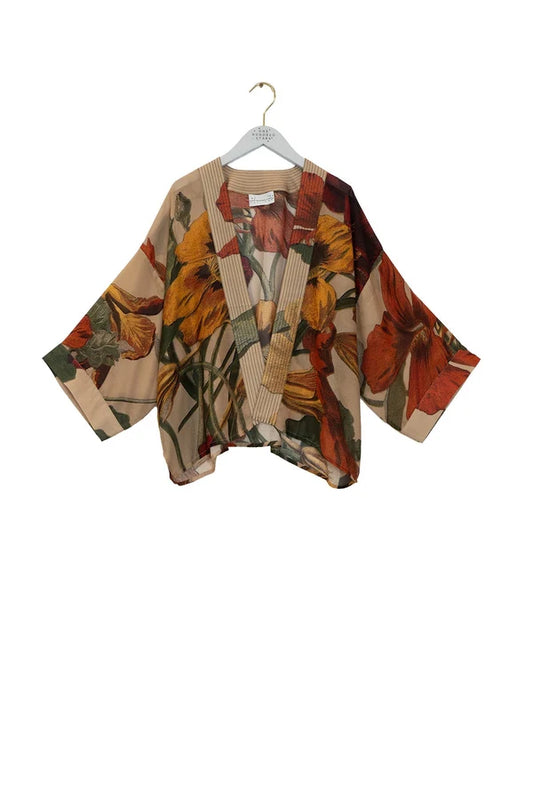 One Hundred Stars Nasturtium Fawn botanical print kimono