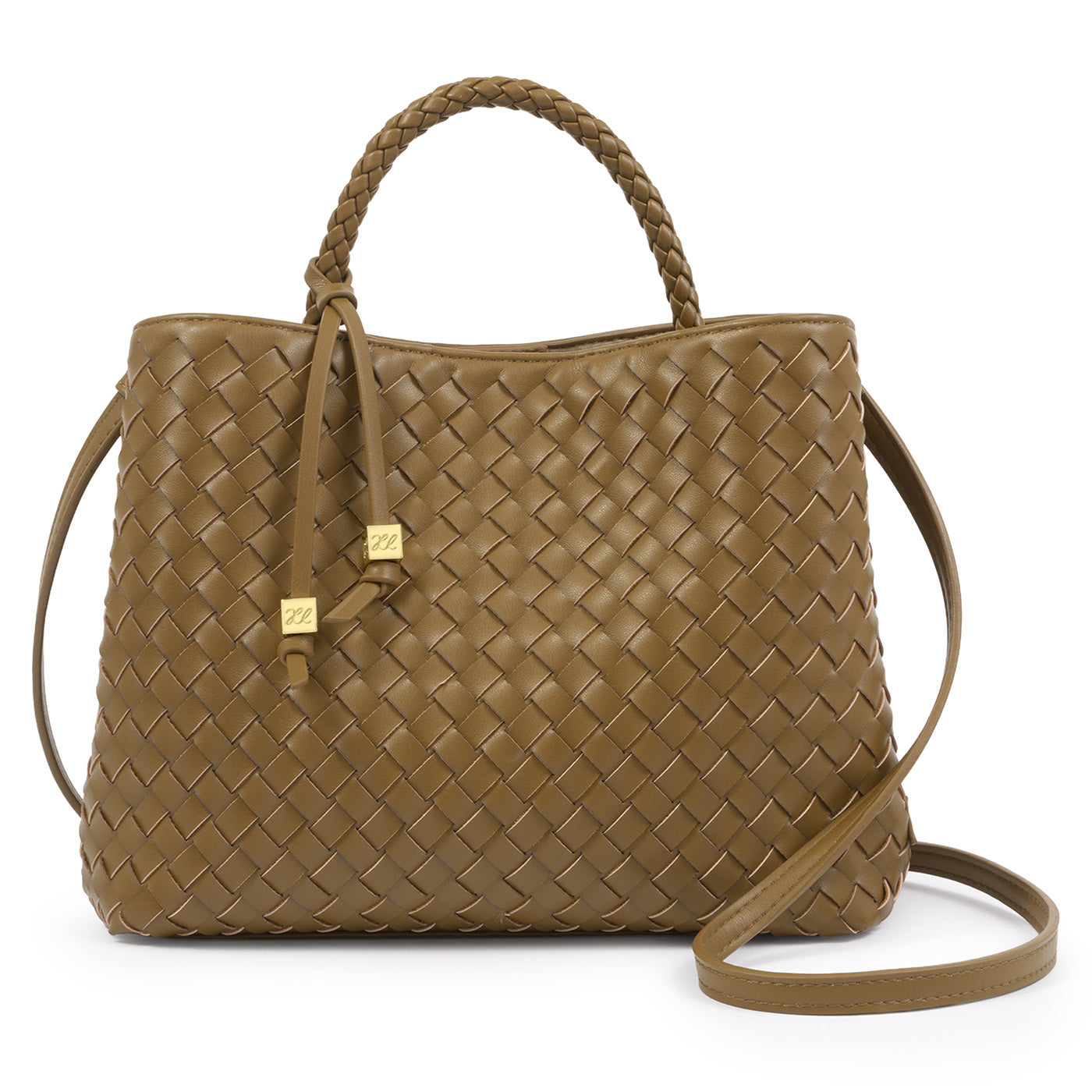 Katie Loxton Nova Olive woven handbag with a strap on a light gray background