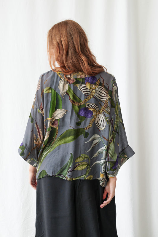 One Hundred Stars Orchid Grey Kimono with botanical orchid print