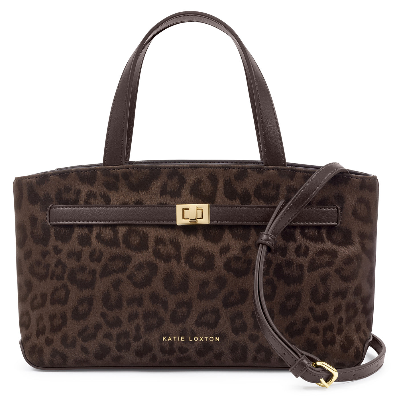 Katie Loxton Orin top handle crossbody bag in chocolate leopard with structured silhouette, gold hardware and detachable crossbody strap.