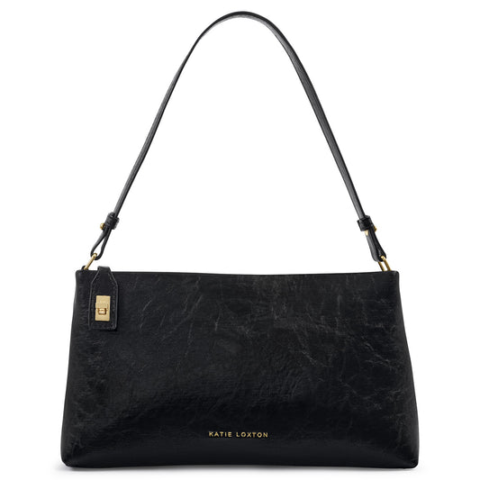 Katie Loxton Orin Twist Lock Small Shoulder Bag in Black Distressed with a textured finish and elegant twist lock fastening.