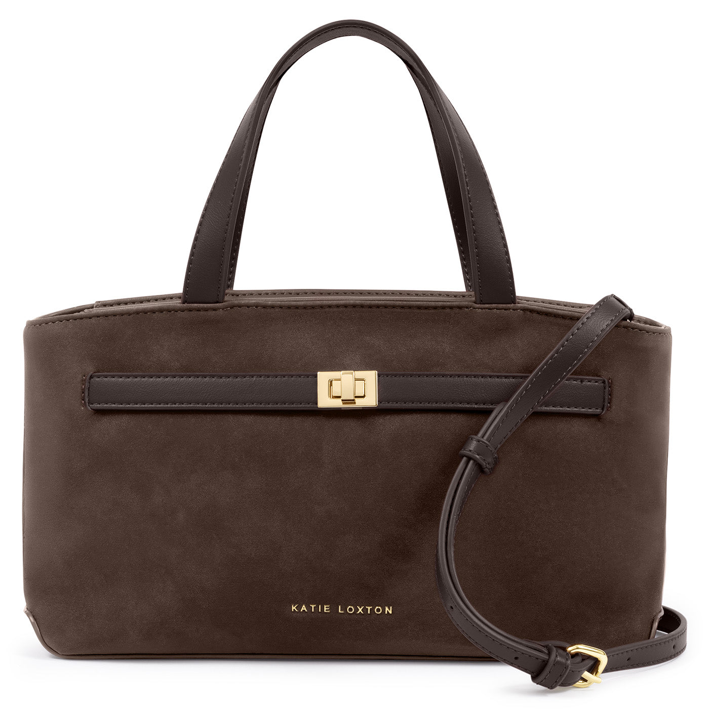 Katie Loxton Orin top handle crossbody bag in bitter chocolate with gold hardware and detachable crossbody strap.
