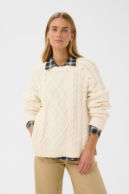 Woman wearing the Part Two Ziva Cable Knitted Jumper in white colour