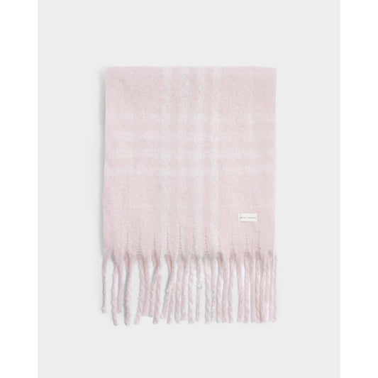 Katie Loxton Recycled Striped Tassel Scarf in Blush Pink and White Plaid