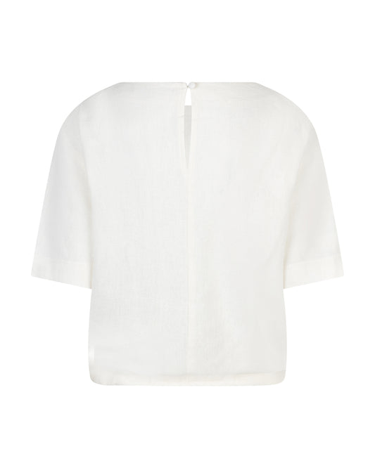 White blouse with a drawstring detail on a white background