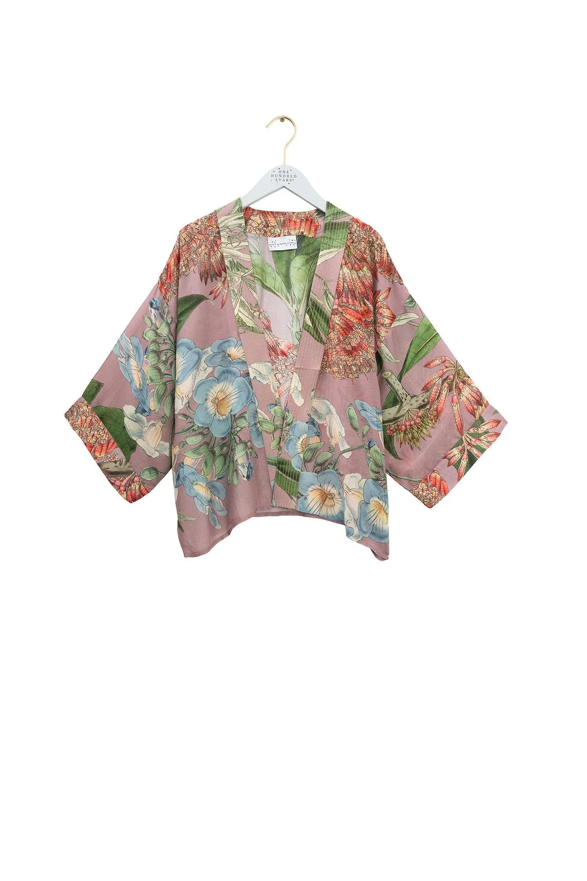 One Hundred Stars Rhodoleia Pink Kimono featuring an intricate botanical floral print in soft pink tones with a relaxed flowing silhouette