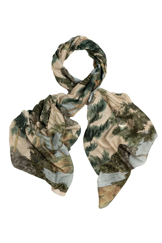 Scarf with rivers and tree landscape on it