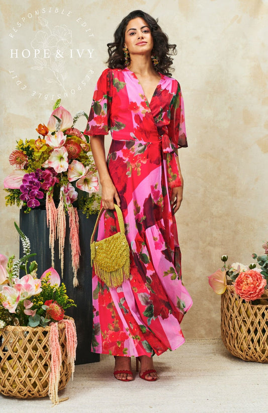 Hope & Ivy Rosanna Flutter Sleeve Maxi Wrap Dress in pink and red