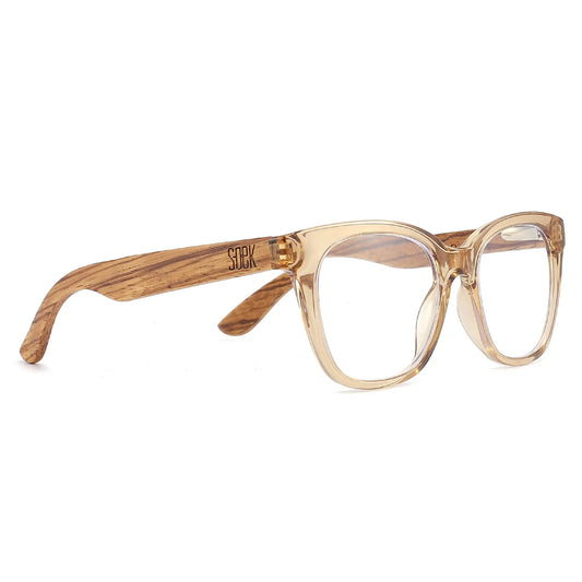 SOEK Lila Grace Reading Glasses in Champagne colour frames with walnut wood arms