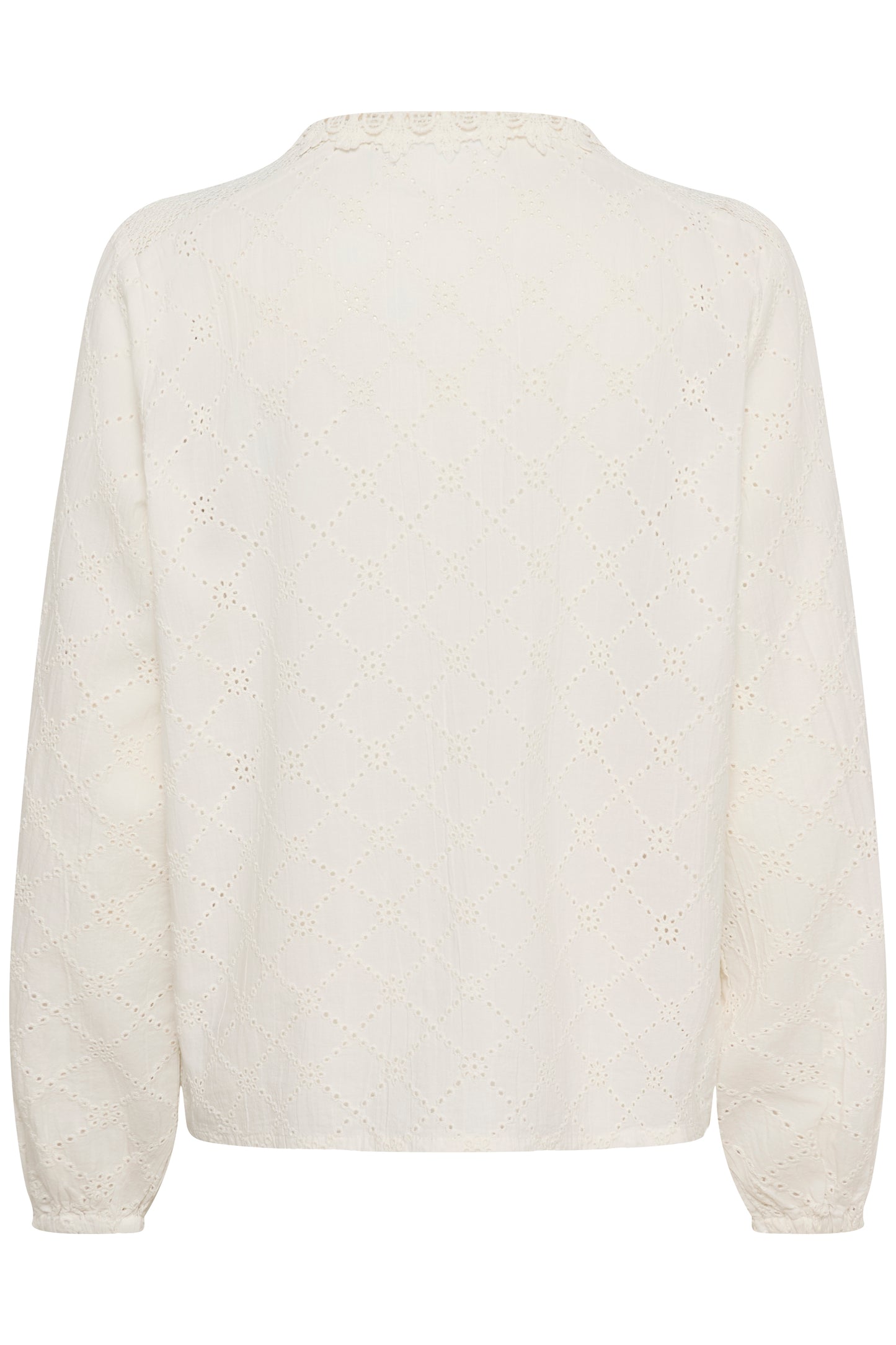 Saint Tropez Petunia shirt in ice. It has a frilled collar and frilled edging down the front. Broderie Analgise style