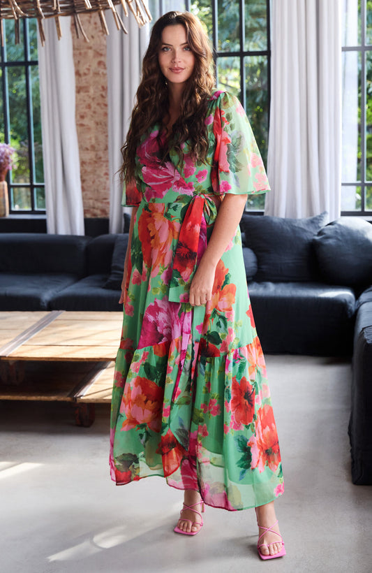 Hope & Ivy Samantha Flutter Sleeve Green and Red Floral Maxi Wrap Dress