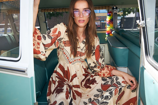 Lollys Laundry Samari Maxi Dress with large trees and flowers printed on it in browns and beige