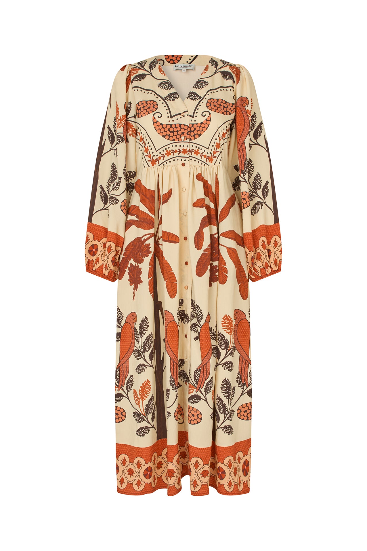 Lollys Laundry Samari Maxi Dress with large trees and flowers printed on it in browns and beige