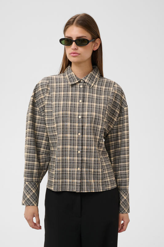 Soaked in Luxury Shiba Noelle Balloon Shirt in neutral taupe and charcoal check with balloon sleeves