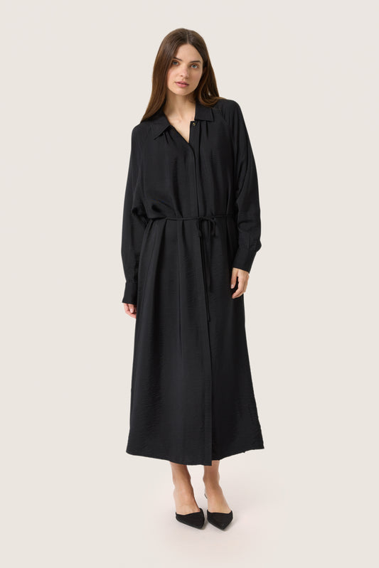 Soaked in Luxury Sija Dress in Black, flowing maxi shirt dress with soft draped fabric