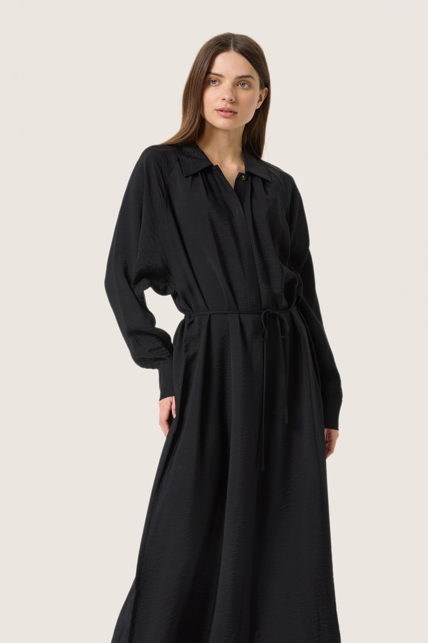 Soaked in Luxury Sija Dress in Black, flowing maxi shirt dress with soft draped fabric