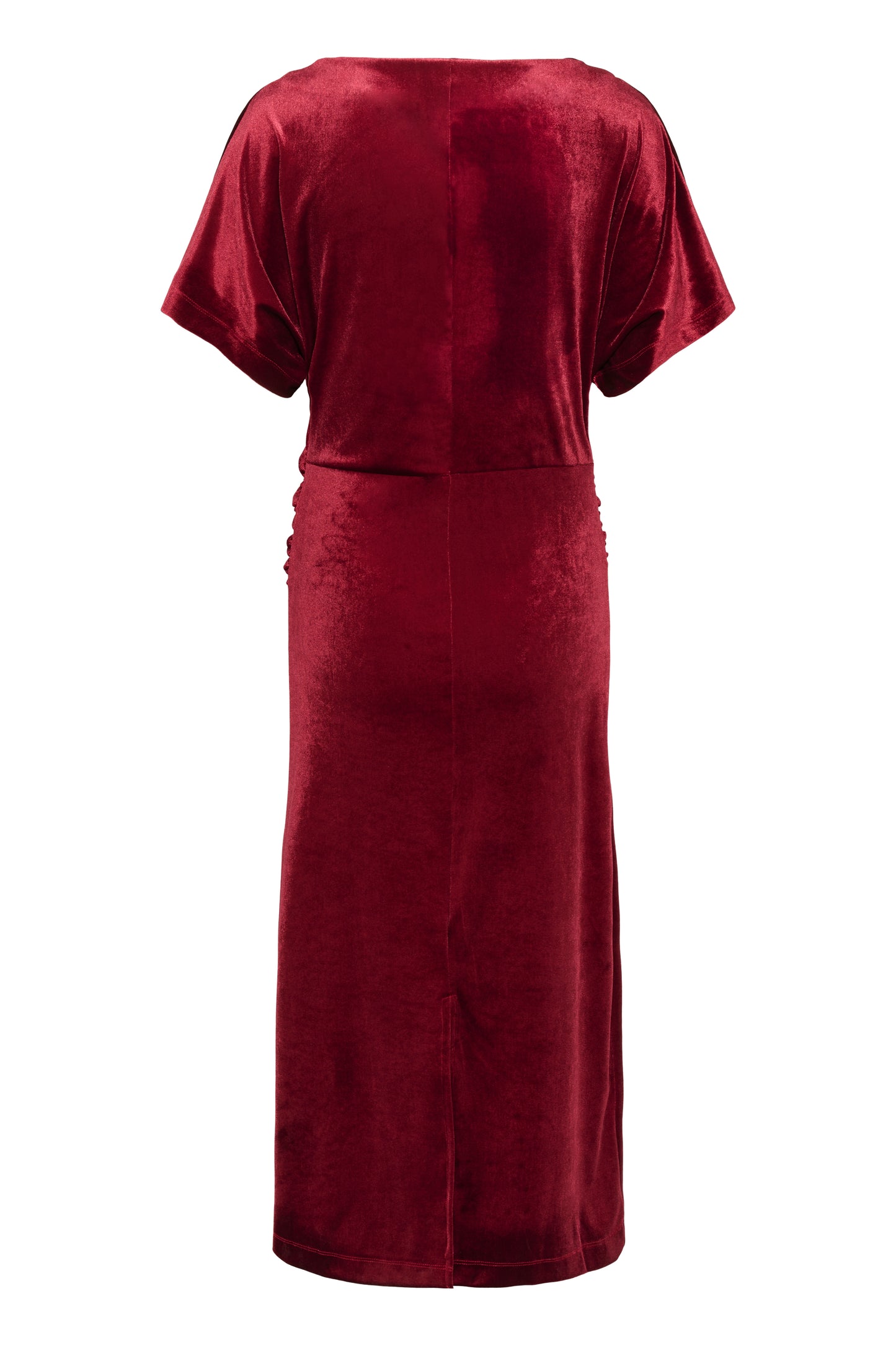 Soaked in Luxury Velvet Velera dress in a burgundy colour with short sleeves and ruched front