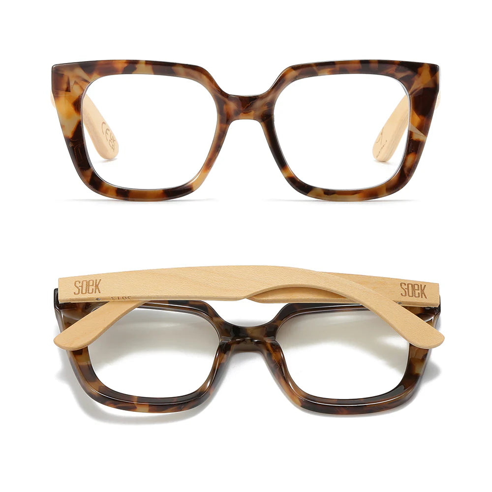 SOEK Soluna mocha tort square magnifying reader glasses with white maple wooden arms and eco friendly recycled plastic frame