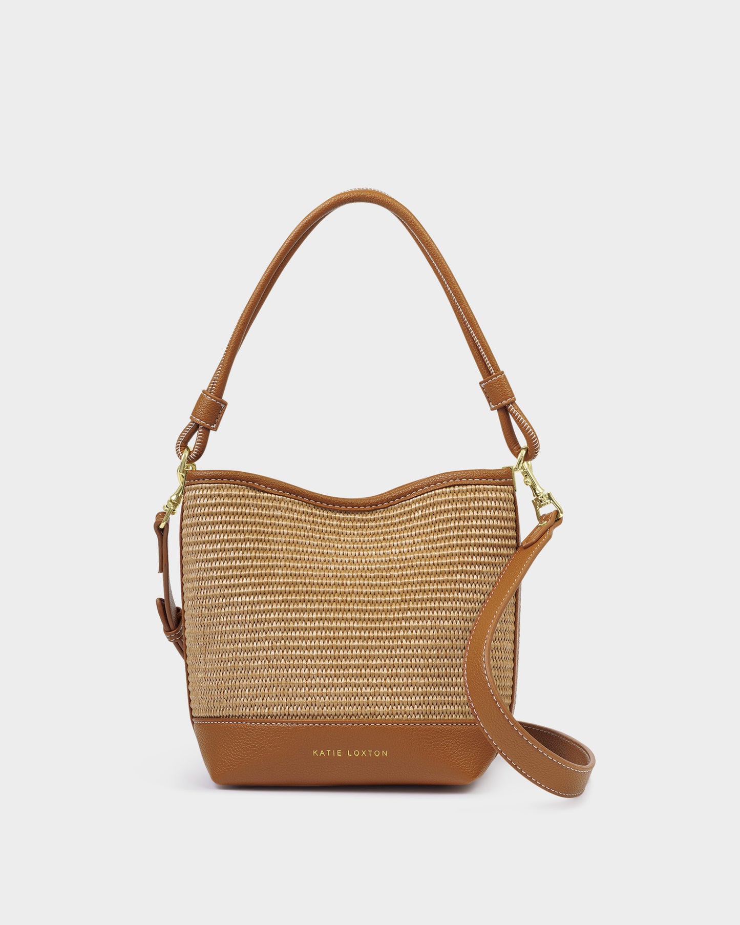 SOrrento Bucket bag in natural raffia and cognac trim